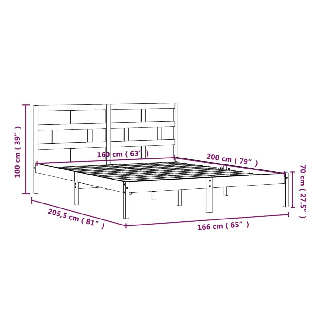 Lovos rėmas, juodas, 160x200cm, pušies medienos masyvas kaina ir informacija | Lovos | pigu.lt