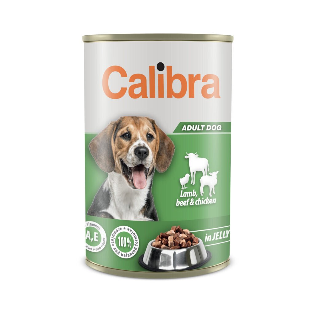 Calibra konservai šunims su ėriena, jautiena ir vištiena drebučiuose, 1250 g. kaina ir informacija | Konservai šunims | pigu.lt