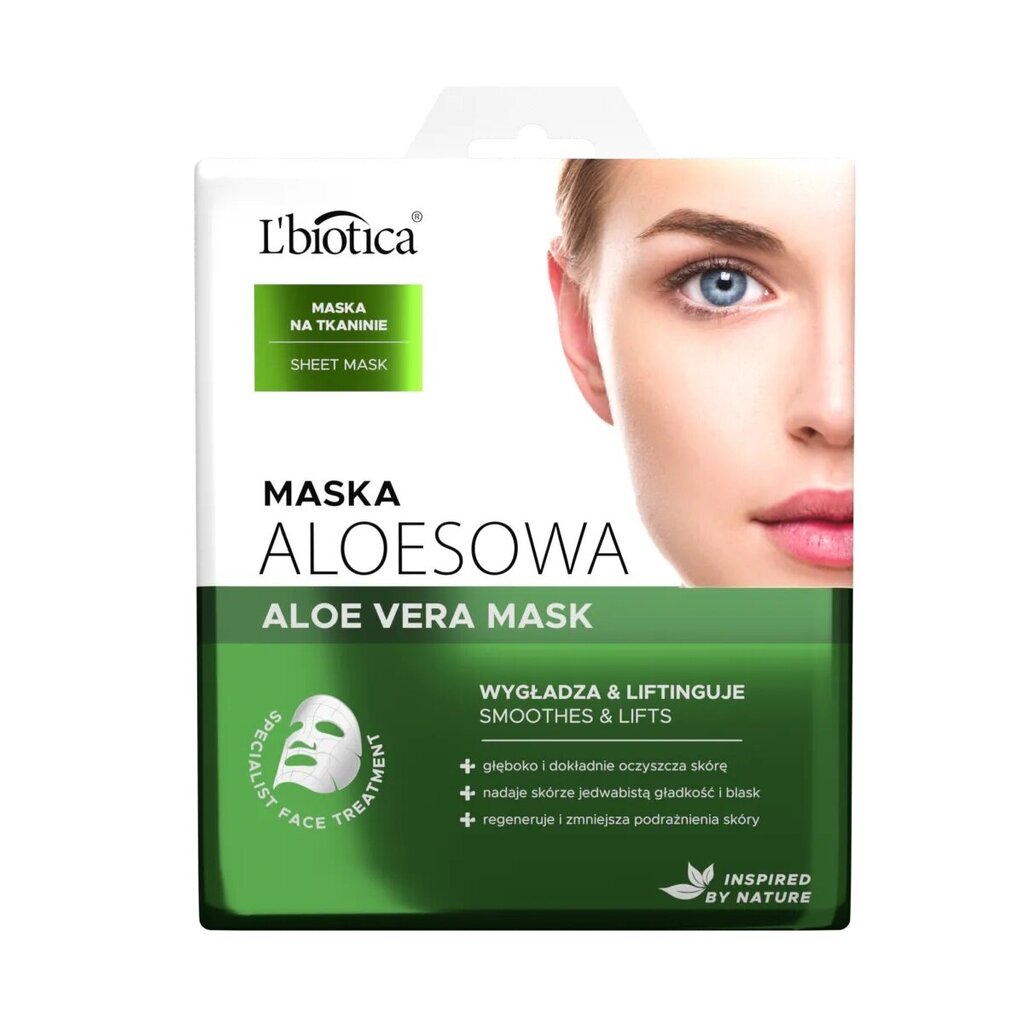 Atkurianti ir valanti lakštinė veido kaukė L'biotica Aloe Vera Mask, 23 ml kaina ir informacija | Veido kaukės, paakių kaukės | pigu.lt