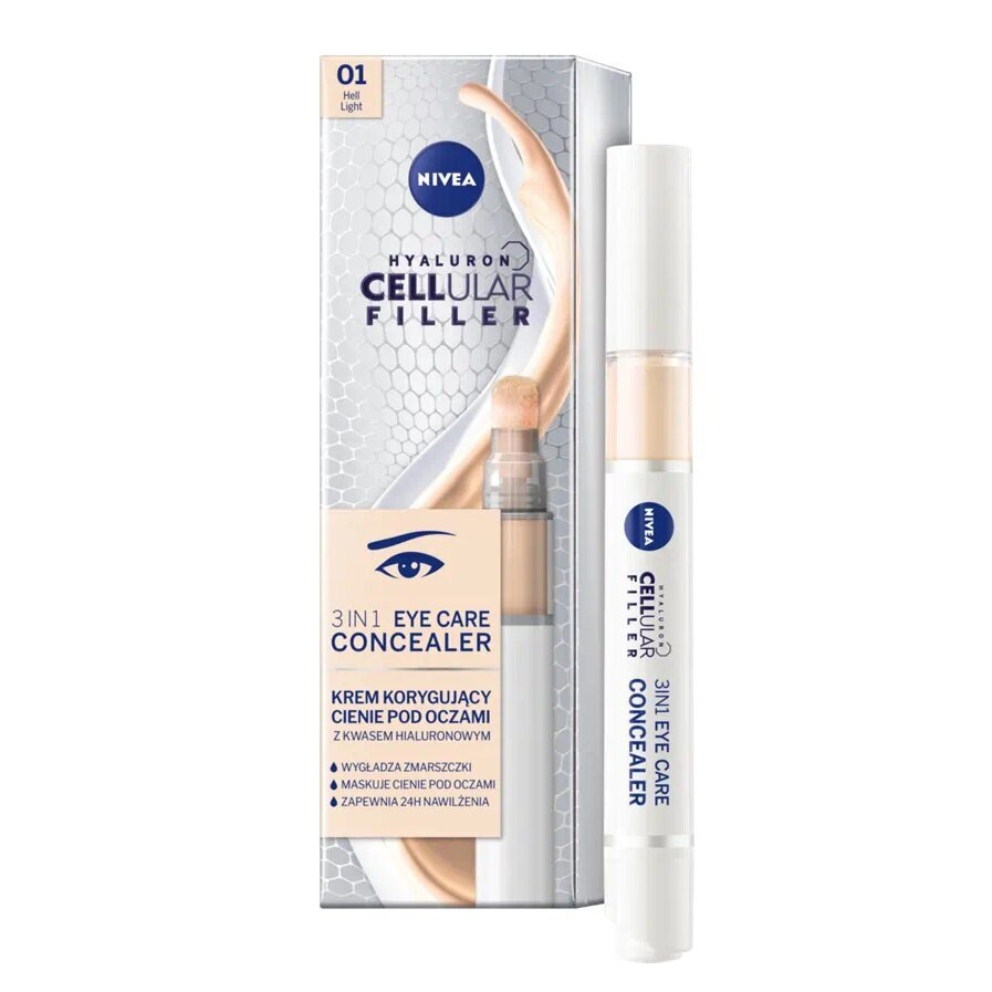 Paakių maskuoklis Nivea Hyaluron Cellular Filler 3In1 Eye Care Concealer 01 Light, 4ml kaina ir informacija | Makiažo pagrindai, pudros | pigu.lt