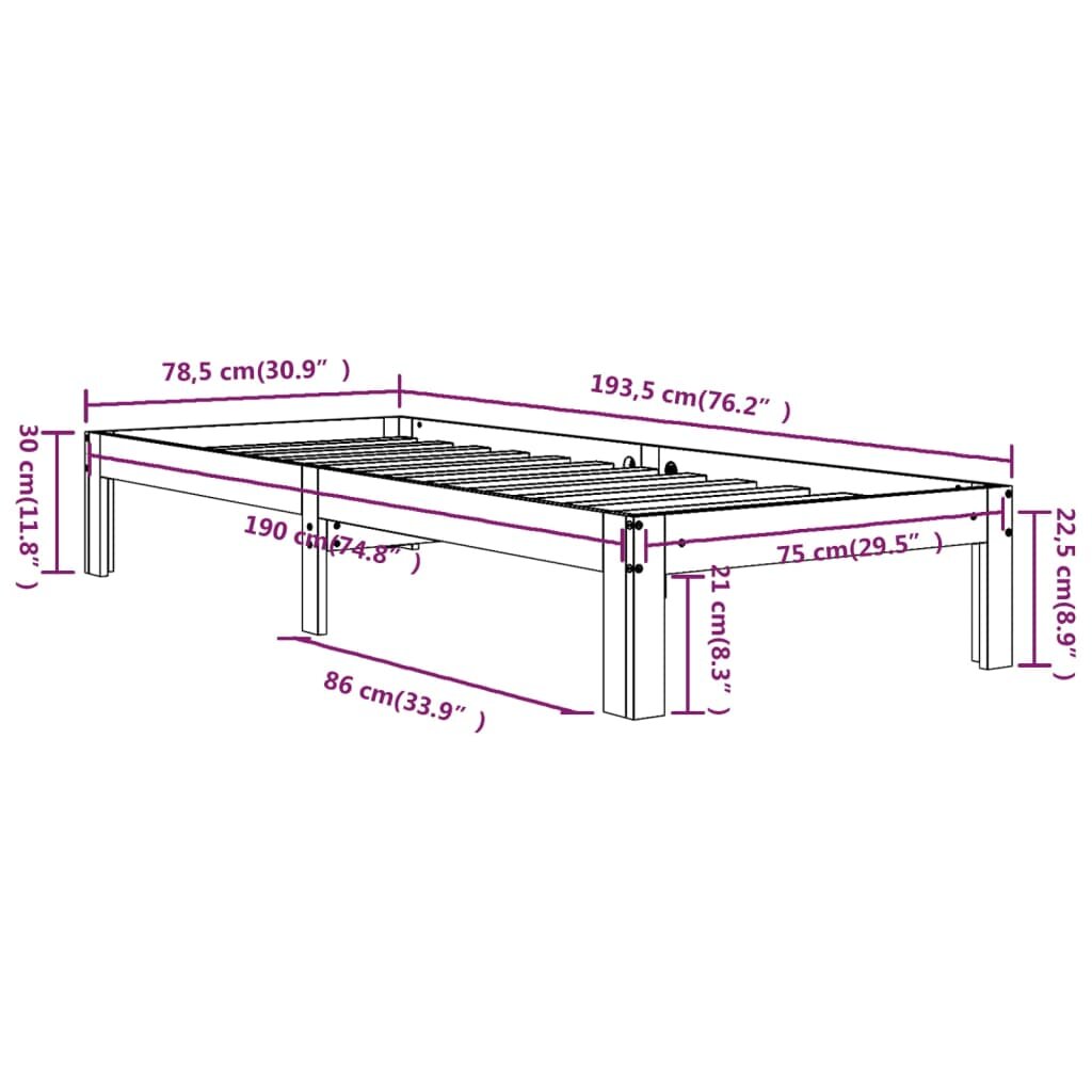 vidaXL Lovos rėmas, 75x190cm, medienos masyvas, vienvietis kaina ir informacija | Lovos | pigu.lt