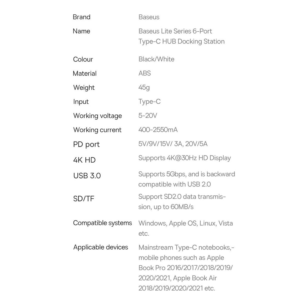 Adapteris Baseus Lite Series USB Type C - 2 x USB 3.0 / USB Type C PD / HDMI 1,4 / SD / TF kaina ir informacija | Adapteriai, USB šakotuvai | pigu.lt