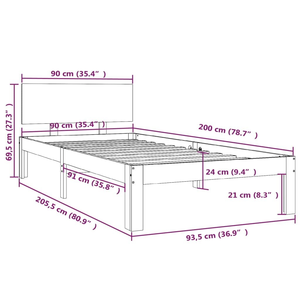 Lovos rėmas, 90x200 cm, pušies medienos masyvas kaina ir informacija | Lovos | pigu.lt