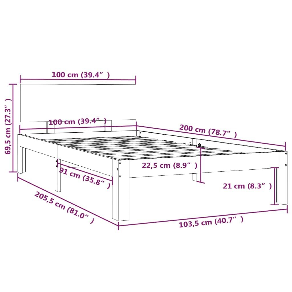 Lovos rėmas, baltos spalvos, 100x200cm, pušies medienos masyvas kaina ir informacija | Lovos | pigu.lt