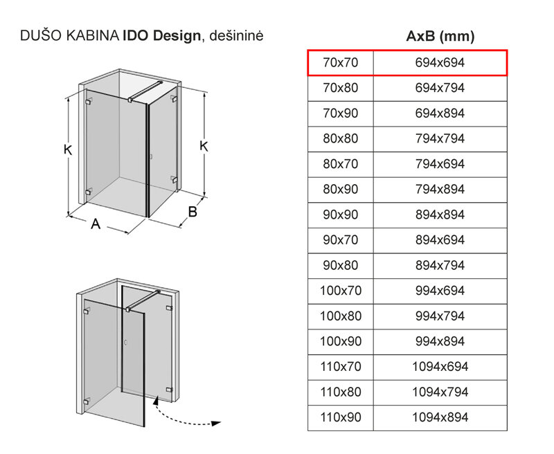 Dušo kabina IDO Design, dešininė 70x70 kaina ir informacija | Dušo kabinos | pigu.lt
