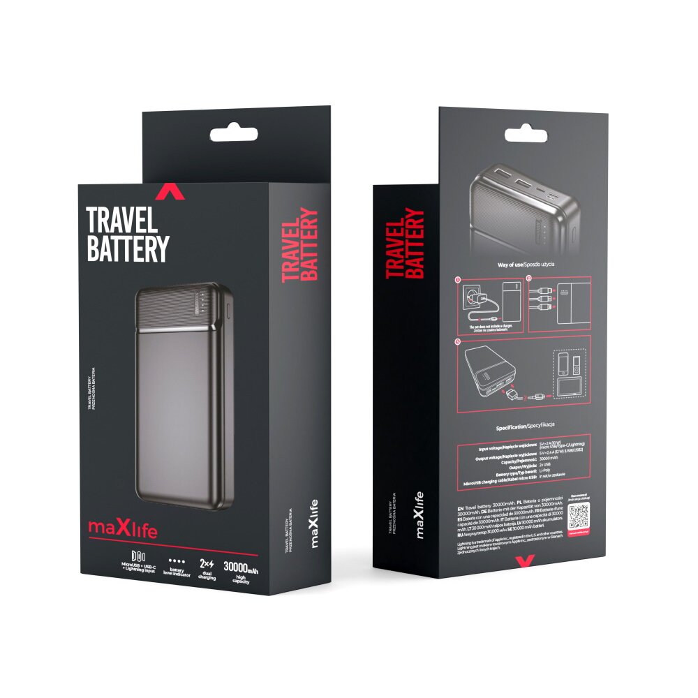 Maxlife Power Bank MXPB-01 30000 mAh, juodas kaina ir informacija | Atsarginiai maitinimo šaltiniai (power bank) | pigu.lt