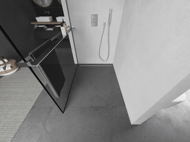 Walk-in dušo sienelė Mexen Kioto+ su lentynėle, chrome/black frame, 70,80,90,100,110,120,130,140x200 cm kaina ir informacija | Dušo durys ir sienelės | pigu.lt
