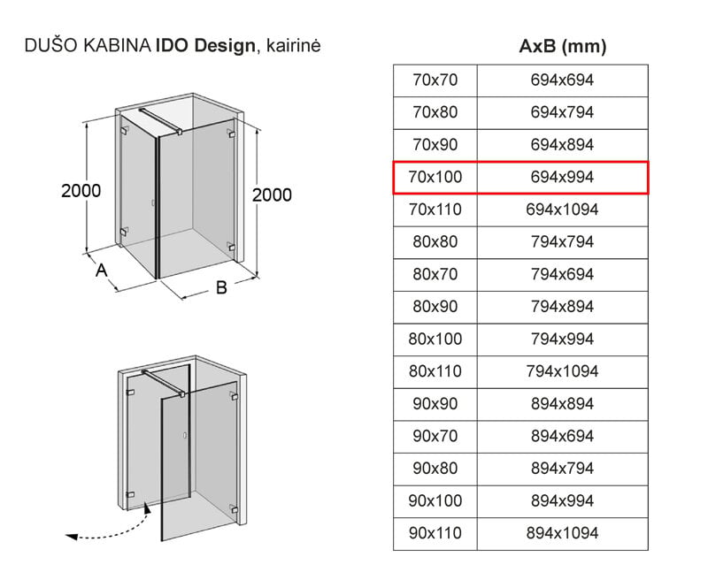 Dušo kabina IDO Design, kairinė 70x100 цена и информация | Dušo kabinos | pigu.lt