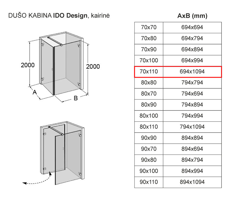 Dušo kabina IDO Design, kairinė 70x110 kaina ir informacija | Dušo kabinos | pigu.lt