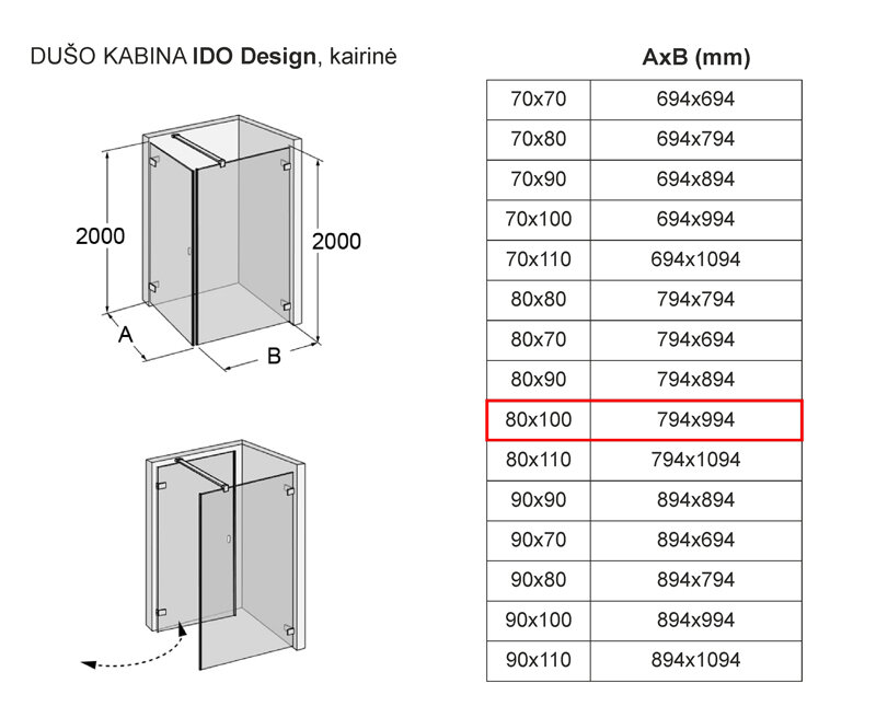 Dušo kabina IDO Design, kairinė 80x100 kaina ir informacija | Dušo kabinos | pigu.lt