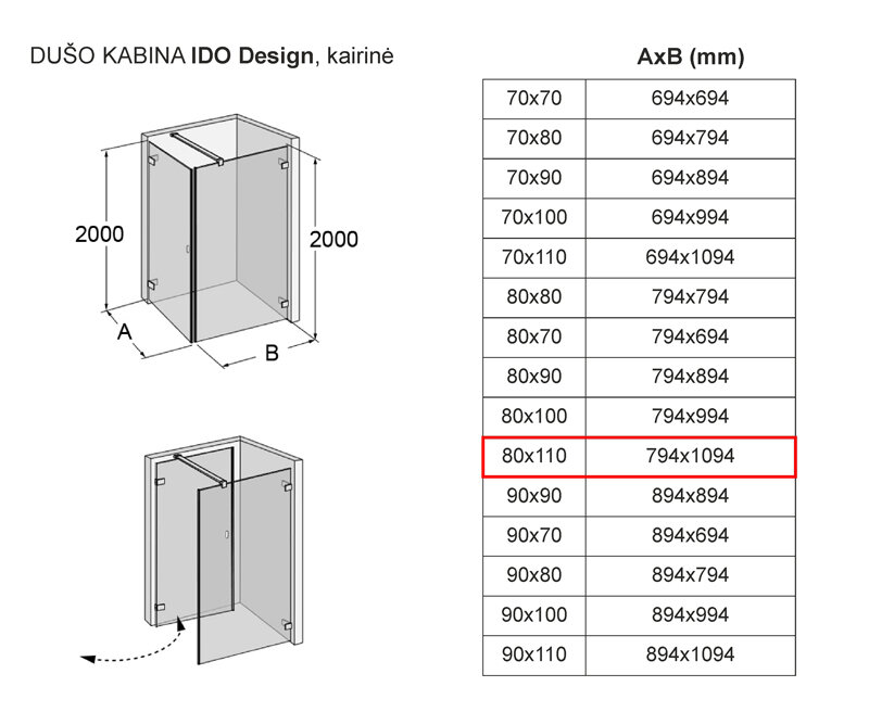 Dušo kabina IDO Design, kairinė 80x110 цена и информация | Dušo kabinos | pigu.lt
