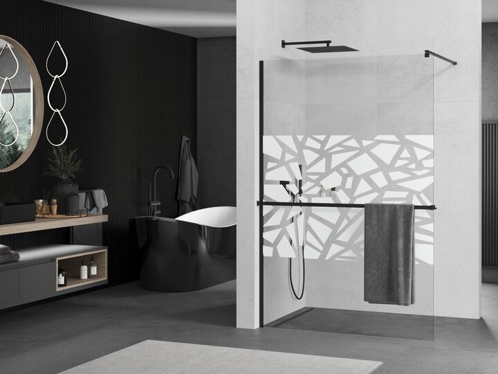 Walk-in dušo sienelė Mexen Kioto+ su lentynėle, black/stiklas su raštu, 70,80,90,100,110,120,130,140x200 cm цена и информация | Dušo durys ir sienelės | pigu.lt