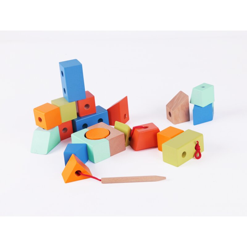 Medinės geometrinės figūros su virvele, 21 elementas kaina ir informacija | Žaislai kūdikiams | pigu.lt