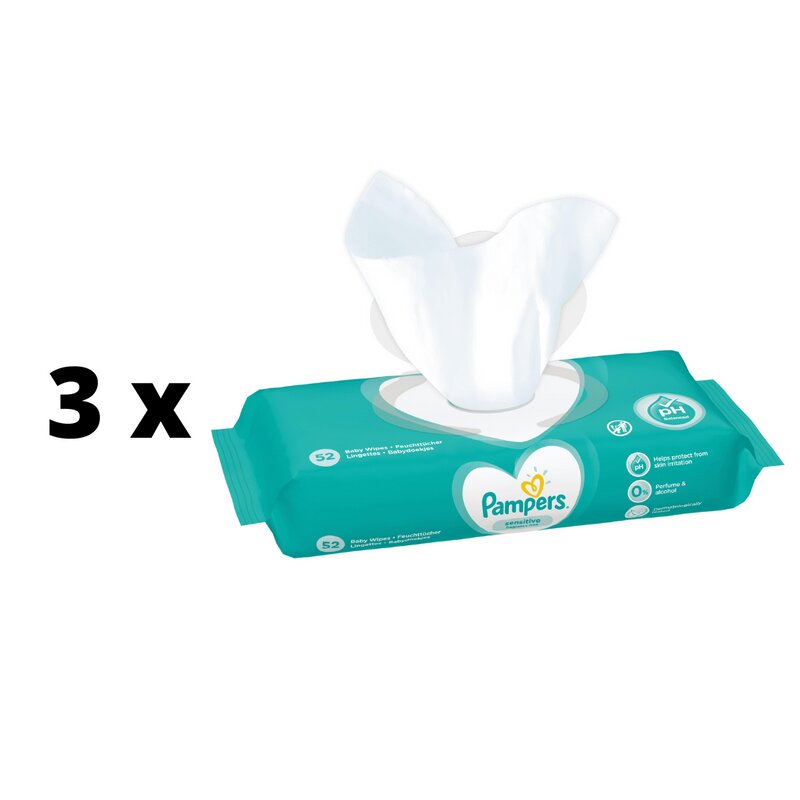 Servetėlės PAMPERS Sensitive, 52vnt x 3 vnt. pakuotė kaina ir informacija | Drėgnos servetėlės, paklotai | pigu.lt