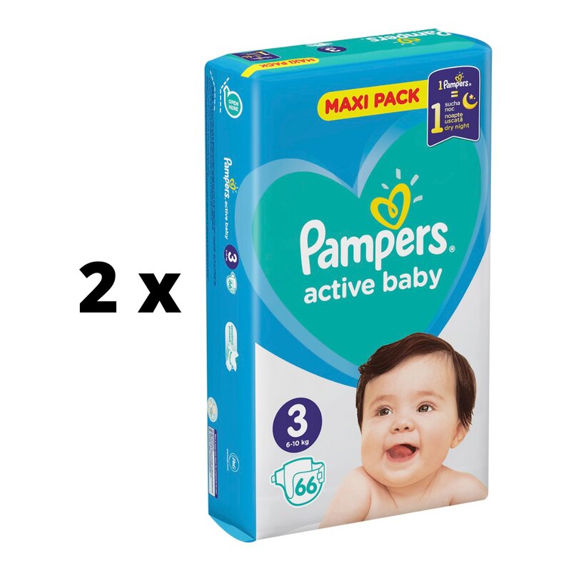 Sauskelnės PAMPERS Active Baby Maxi Pack, 3 dydis, 6-10kg, 66 vnt. x 2 vnt. pakuotė kaina ir informacija | Sauskelnės | pigu.lt