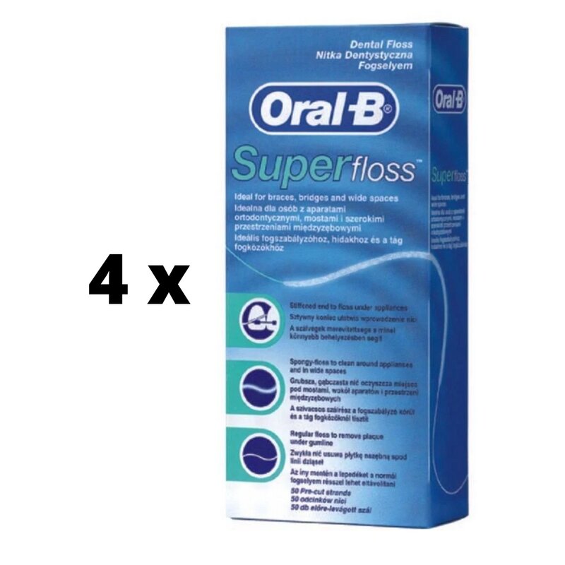 Dantų siūlas Oral-B Super Floss, 50 vnt. x 4 vnt. pakuotė kaina ir informacija | Dantų šepetėliai, pastos | pigu.lt