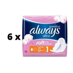 Гигиенические пакеты ALWAYS Ultra Normal Plus Sensitive, 10 шт. х 6 шт., упаковка цена и информация | Тампоны, гигиенические прокладки для критических дней, ежедневные прокладки | pigu.lt