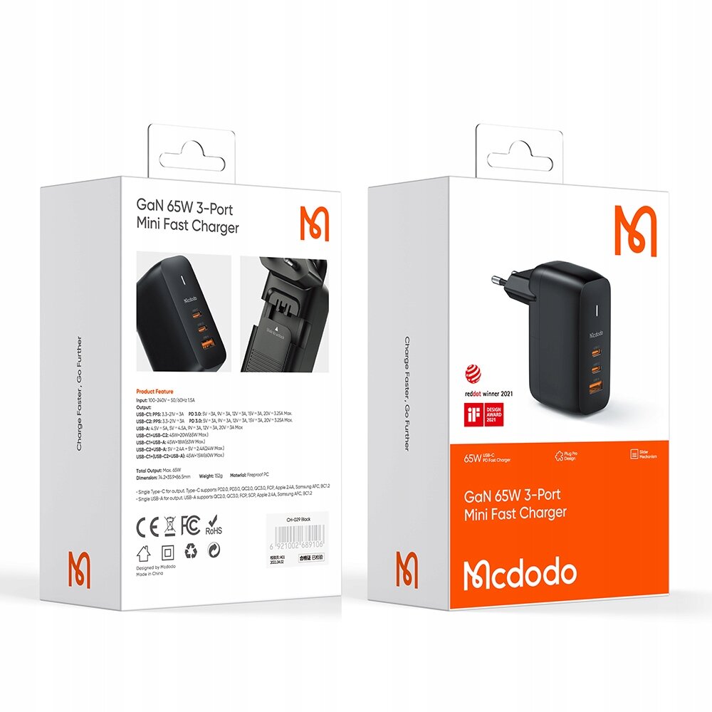 MCDODO GaN 3.0 FAST LAPTOP, MOBILIŲJŲ TELEFONŲ ĮKROVIKLIS USB-C PD USB-A 65W kaina ir informacija | Akumuliatorių krovikliai | pigu.lt
