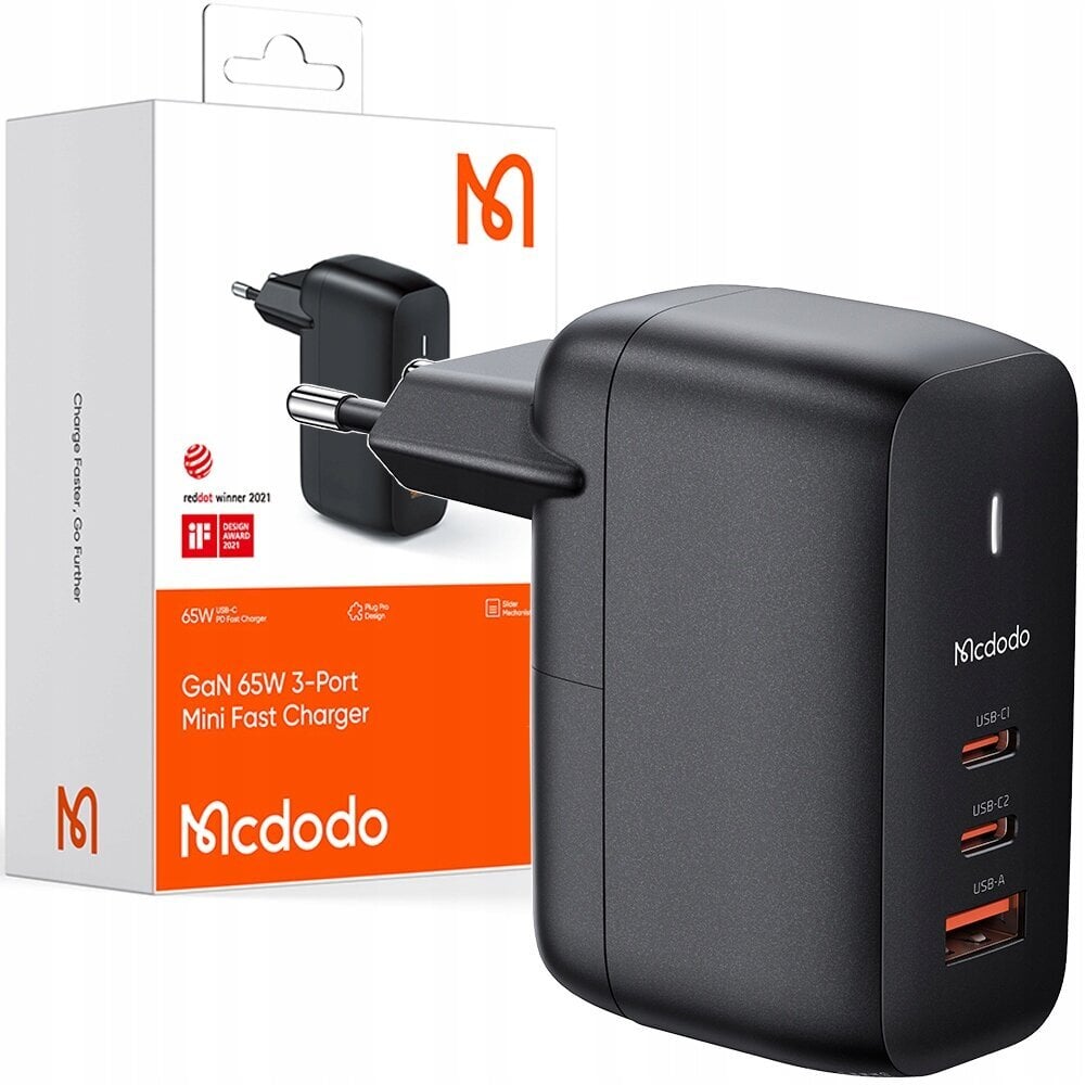 MCDODO GaN 3.0 FAST LAPTOP, MOBILIŲJŲ TELEFONŲ ĮKROVIKLIS USB-C PD USB-A 65W kaina ir informacija | Akumuliatorių krovikliai | pigu.lt