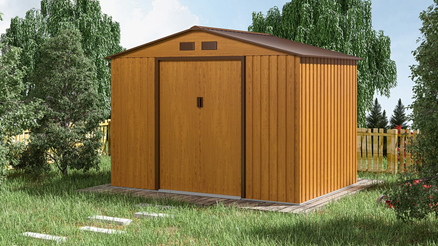 Metalinis įrankių namelis HUDSON 9x6 oak brown kaina ir informacija | Sodo nameliai, malkinės, pastogės | pigu.lt