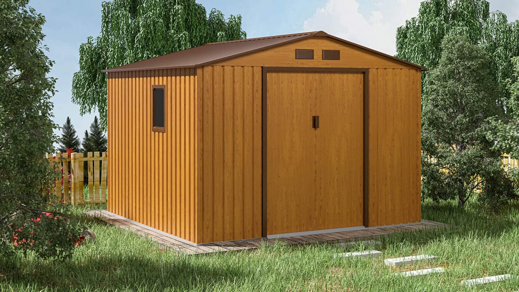 Metalinis įrankių namelis HUDSON 9x8 oak brown kaina ir informacija | Sodo nameliai, malkinės, pastogės | pigu.lt