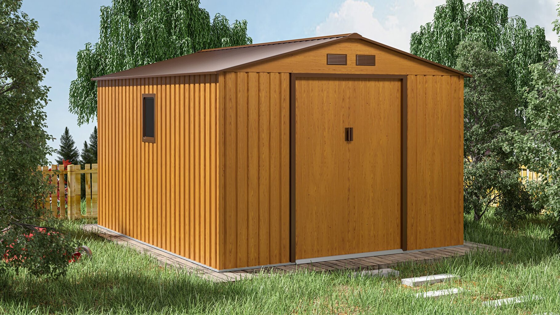 Metalinis įrankių namelis HUDSON 9x10 oak brown kaina ir informacija | Sodo nameliai, malkinės, pastogės | pigu.lt