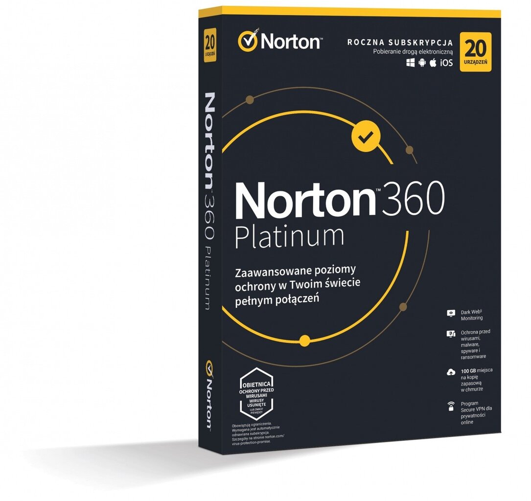 Norton 360 PLATINUM 100GB PL 1Vartotojas 20Įrenginiai 1Metai 21427517 цена и информация | Antivirusinės programos | pigu.lt