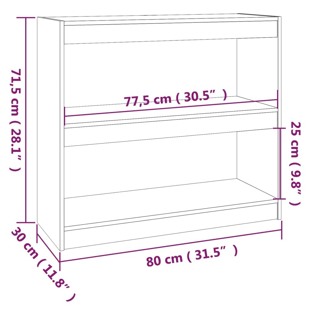 vidaXL Spintelė knygoms/kambario pertvara, pilka, 80x30x71,5cm, pušis kaina ir informacija | Lentynos | pigu.lt