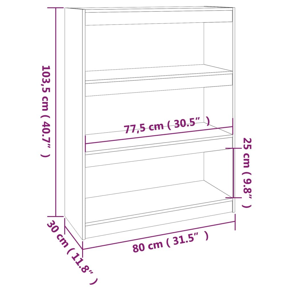 vidaXL Spintelė knygoms/kambario pertvara, balta, 80x30x103,5cm, pušis kaina ir informacija | Lentynos | pigu.lt