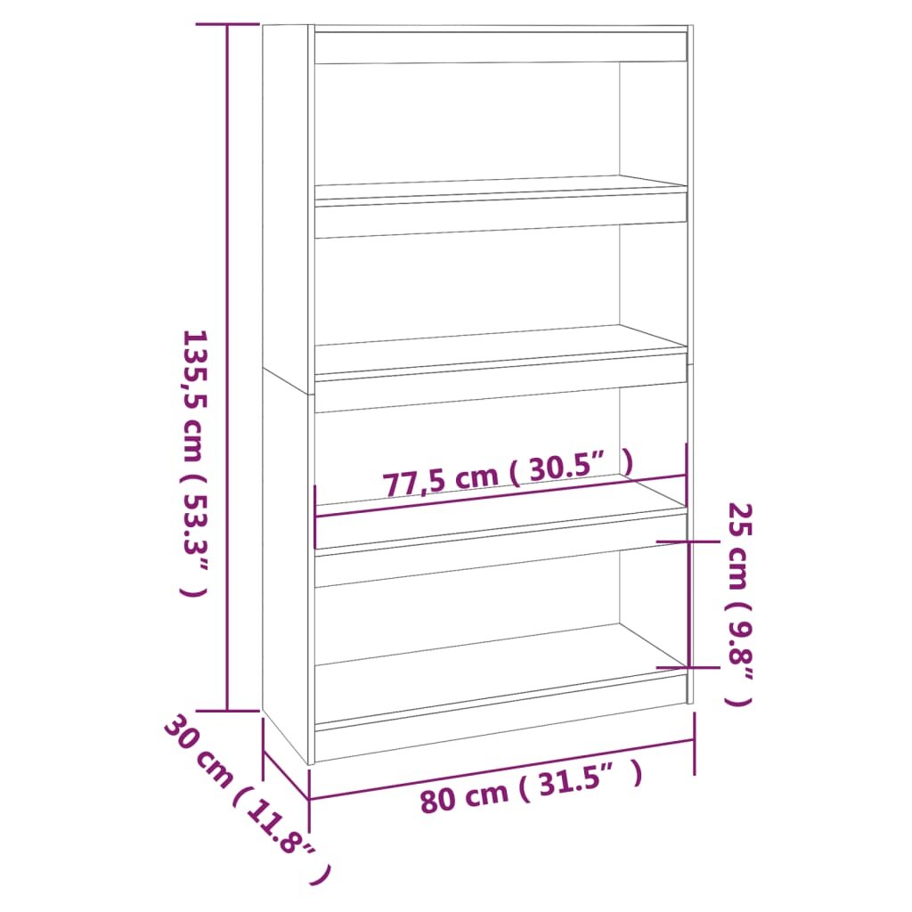 vidaXL Spintelė knygoms/kambario pertvara, pilka, 80x30x135,5cm, pušis kaina ir informacija | Lentynos | pigu.lt