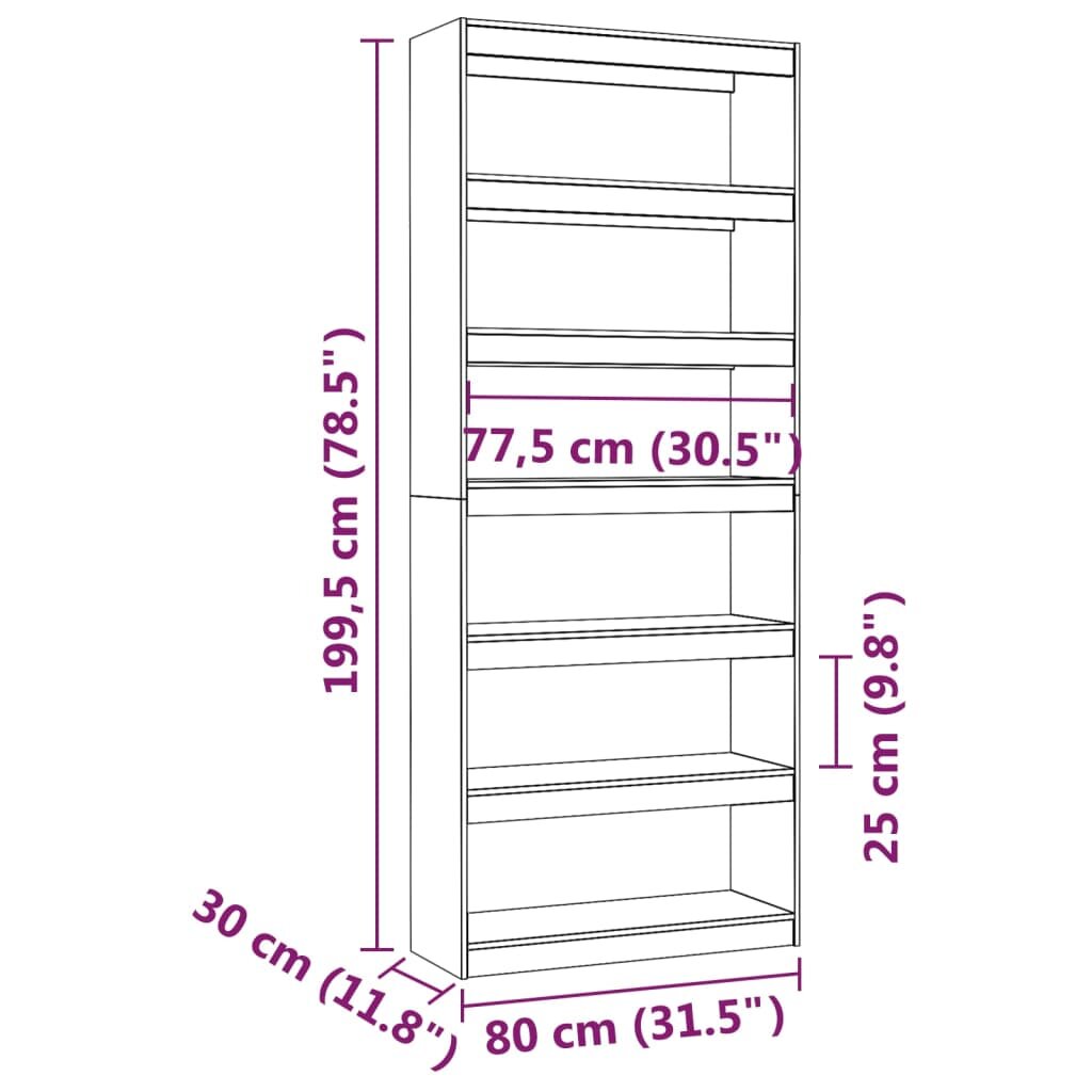 vidaXL Spintelė knygoms/kambario pertvara, balta, 80x30x199,5cm, pušis kaina ir informacija | Lentynos | pigu.lt