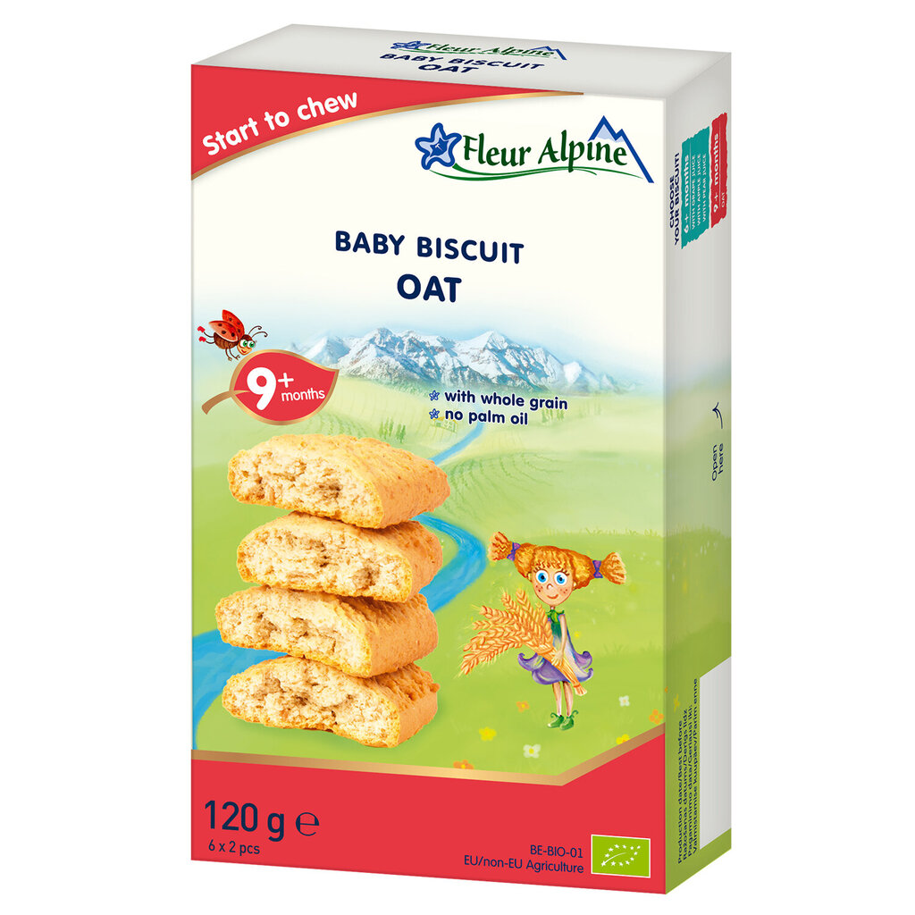 Ekologiški avižiniai, pilno grūdo sausainiai Fleur Alpine, nuo 9 mėnesių, 120 g цена и информация | Užkandžiai, gėrimai vaikams | pigu.lt