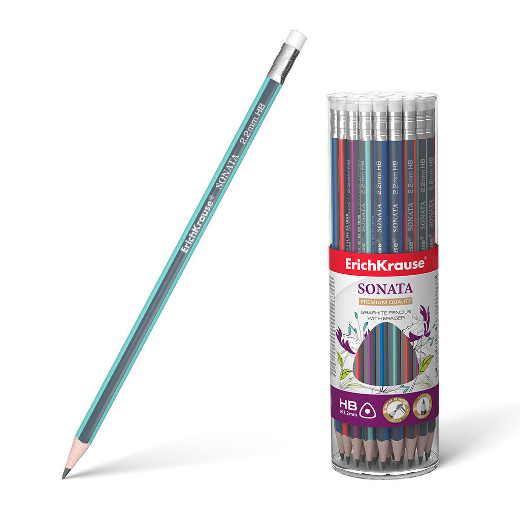 Tribriaunis juodo grafito pieštukas su trintuku ErichKrause® Sonata HB, 42 vnt. kaina ir informacija | Rašymo priemonės | pigu.lt