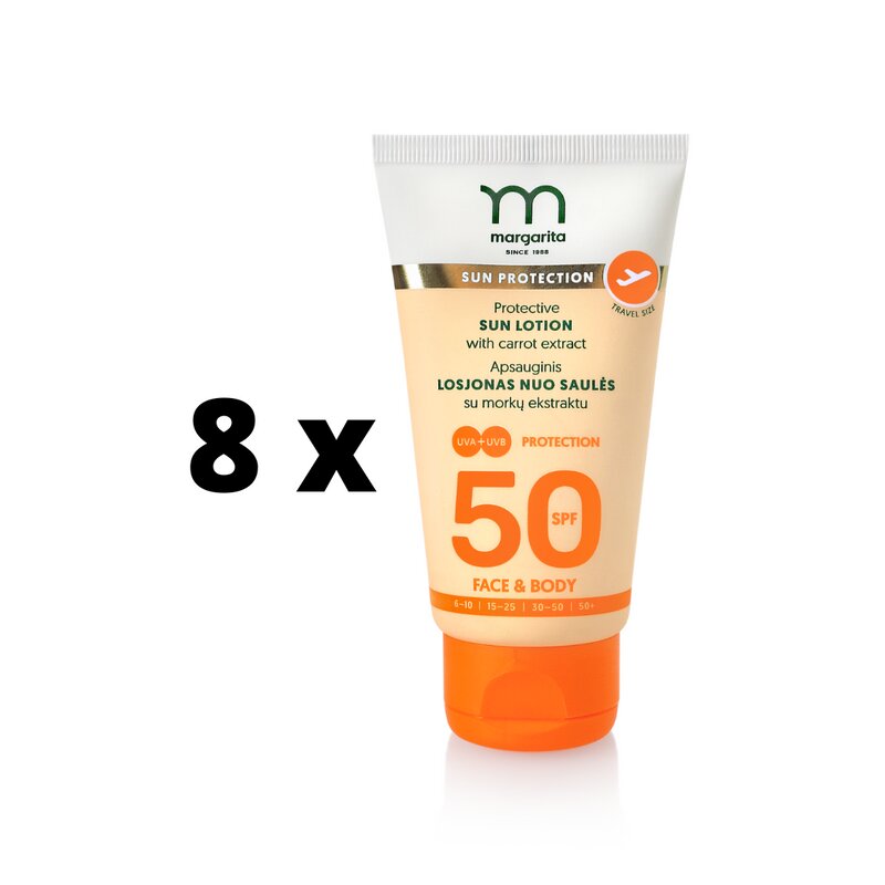 Apsauginis losjonas nuo saulės su morkų ekstraktu margarita SPF50, 50ml x 8 vnt pakuotė kaina ir informacija | Kremai nuo saulės | pigu.lt