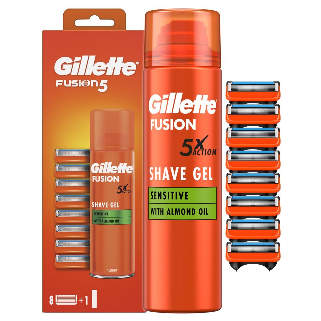 Rinkinys Gillette Fusion: atsarginės galvutės, 8 vnt + skutimosi gelis, 200ml kaina ir informacija | Skutimosi priemonės ir kosmetika | pigu.lt