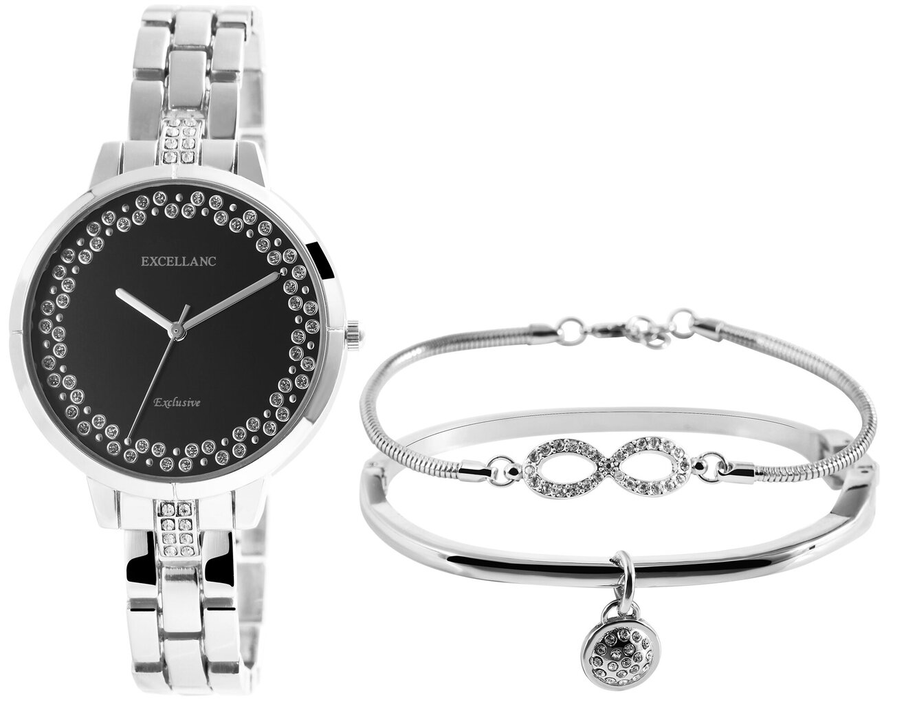 Sidabro spalvos dovanų rinkinys moterims Excellanc laikrodis ir dvi apyrankės цена и информация | Papuošalų rinkiniai | pigu.lt