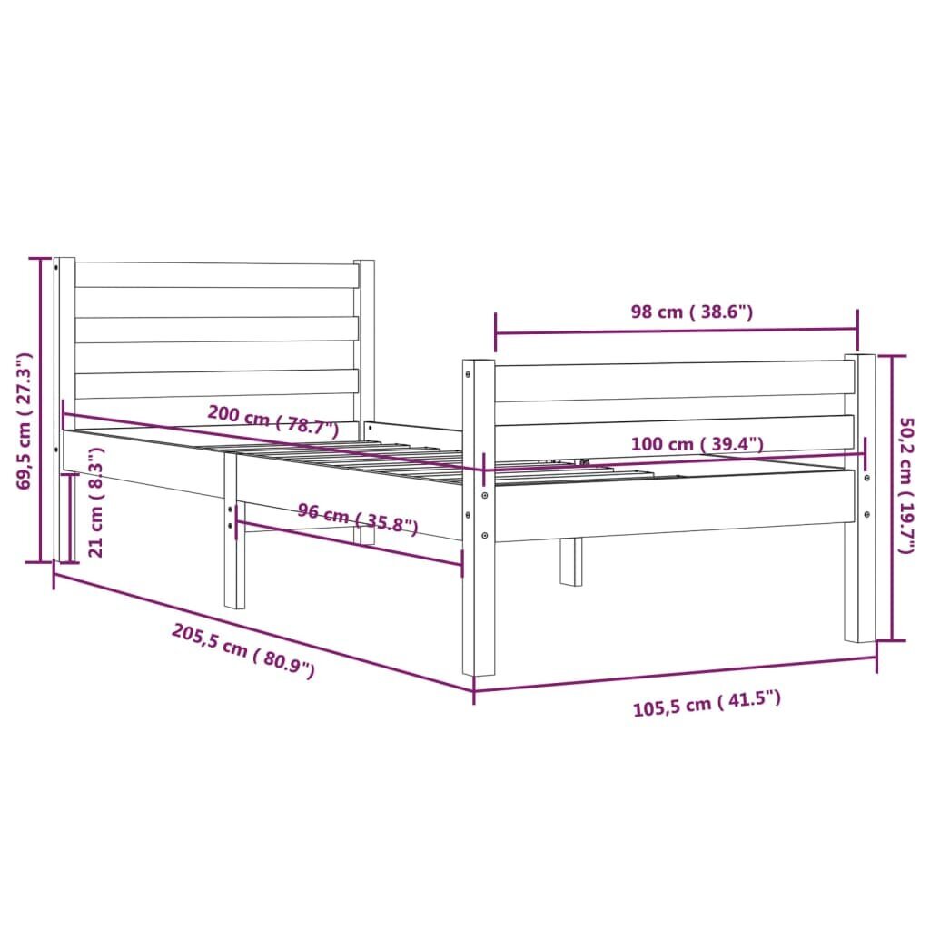 Lovos rėmas, medaus rudas, 100x200cm, medienos masyvas kaina ir informacija | Lovos | pigu.lt