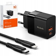 Зарядное устройство для телефона Mcdodo, быстрое, USB, USB-C, 20 Вт, кабель для Iphone в комплекте, черный, CH-1952 цена и информация | Зарядные устройства для телефонов | pigu.lt