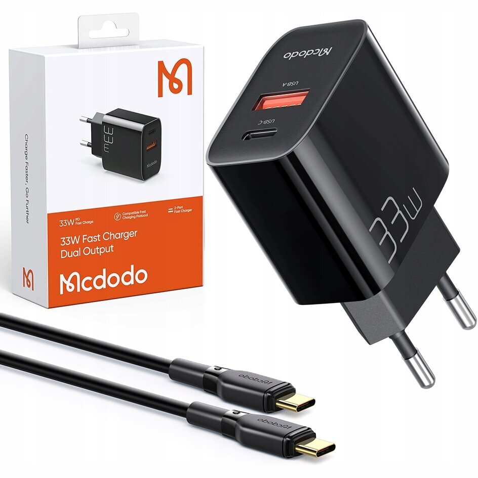 Адаптер Зарядное устройство для телефонов Mcdodo, быстрое, USB, USB-C, 33  Вт, кабель в комплекте, 60 Вт, черный, CH-0922 цена | pigu.lt