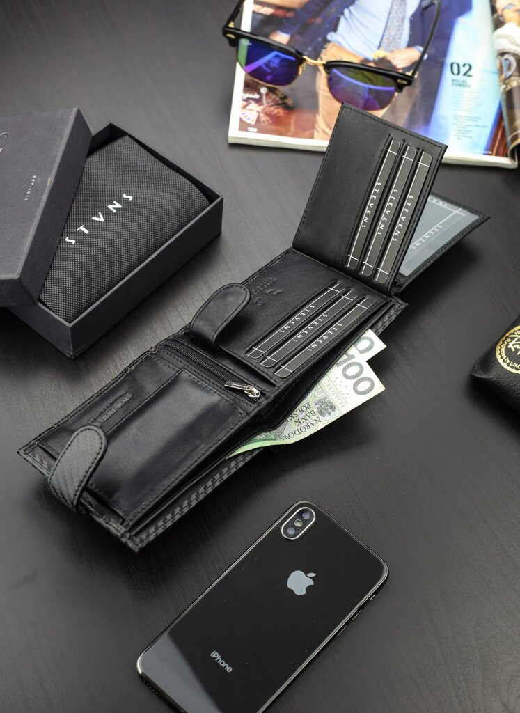 Vyriška odinė piniginė Stevens 325A Carbon, juoda цена и информация | Vyriškos piniginės, kortelių dėklai | pigu.lt