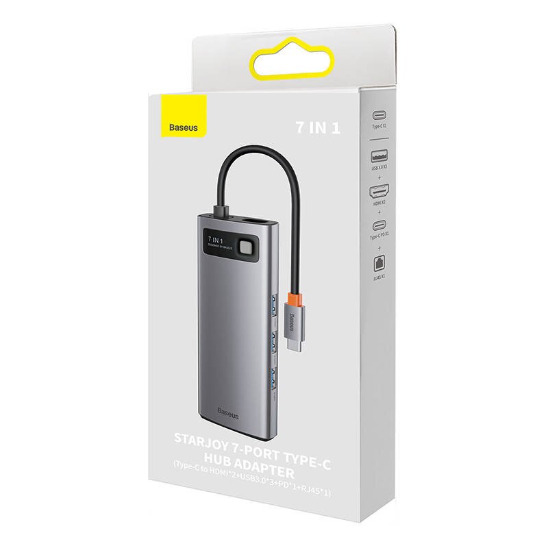 Hub 7in1 Baseus Metal Gleam Series, USB-C to 3x USB 3.0 + 2x HDMI + USB-C PD + Ethernet RJ45 kaina ir informacija | Adapteriai, USB šakotuvai | pigu.lt