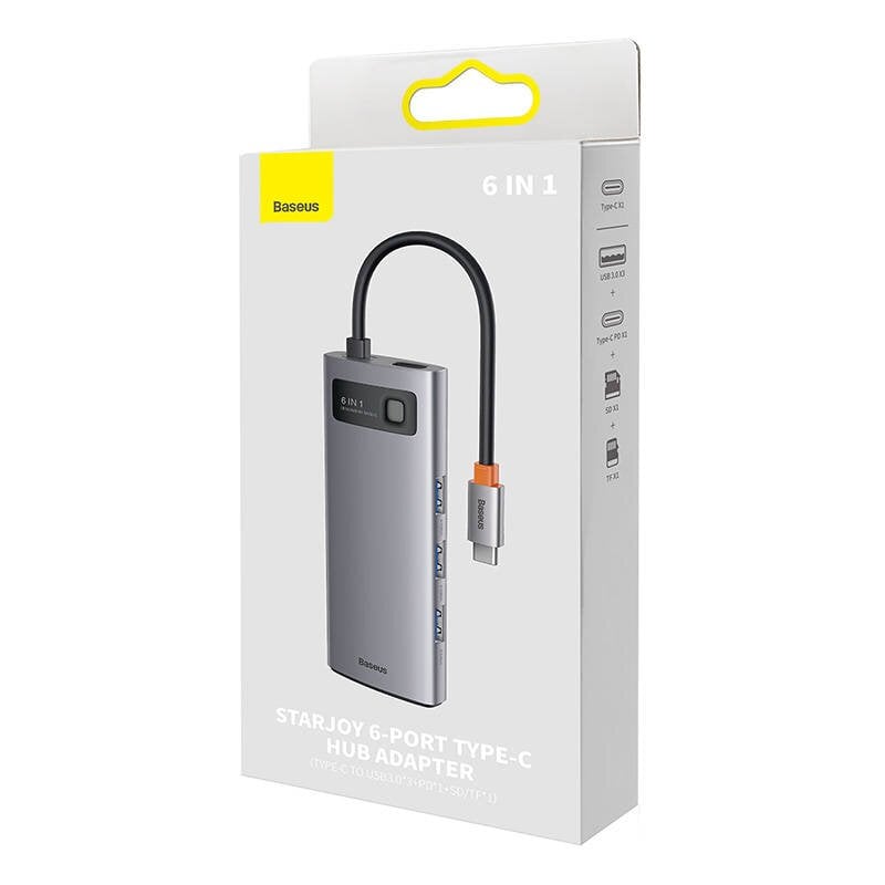 Hub 6in1 Baseus Metal Gleam Series, USB-C to 3x USB 3.0 + USB-C PD + microSD/SD kaina ir informacija | Adapteriai, USB šakotuvai | pigu.lt