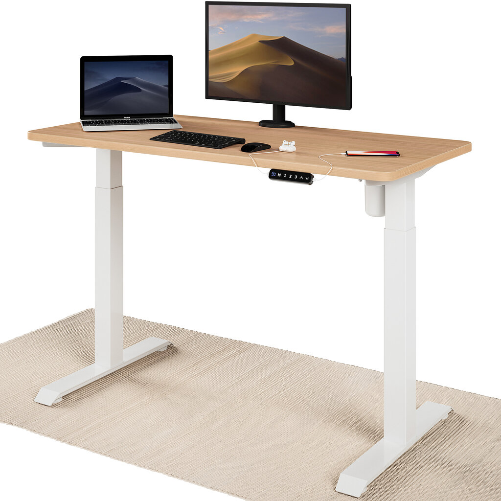 Elektrinis reguliuojamo aukščio stalas Desktronic su USB A ir C jungtimis, Baltos kojos, Ąžuolo stalviršis 120x60cm kaina ir informacija | Kompiuteriniai, rašomieji stalai | pigu.lt