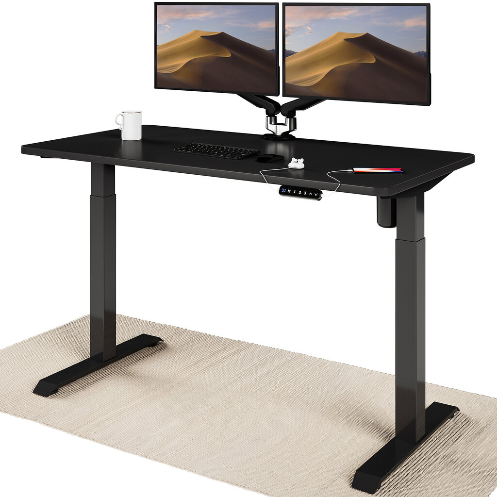 Elektrinis reguliuojamo aukščio stalas Desktronic su USB A ir C jungtimis, Juodos kojos, Juodas stalviršis 140x70cm цена и информация | Kompiuteriniai, rašomieji stalai | pigu.lt