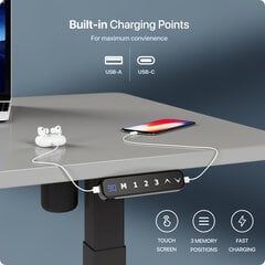 Регулируемый по высоте стол Desktronic с электроприводом, с разъемами USB A и C, Черные ноги, Серая столешница 140x70 см цена и информация | Компьютерные, письменные столы | pigu.lt