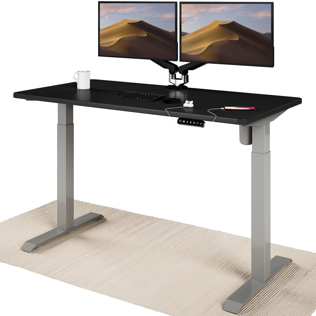 Elektrinis reguliuojamo aukščio stalas Desktronic su USB A ir C jungtimis, Pilkos kojos, Juodas stalviršis 140x70cm цена и информация | Kompiuteriniai, rašomieji stalai | pigu.lt