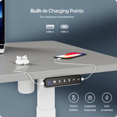 Регулируемый по высоте стол Desktronic с электроприводом, с разъемами USB A и C, Белые ноги, Серая столешница 140x70 см цена и информация | Компьютерные, письменные столы | pigu.lt