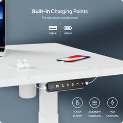 Регулируемый по высоте стол Desktronic с электроприводом, с разъемами USB A и C, Белые ноги, Белая столешница 140x70 см цена и информация | Компьютерные, письменные столы | pigu.lt