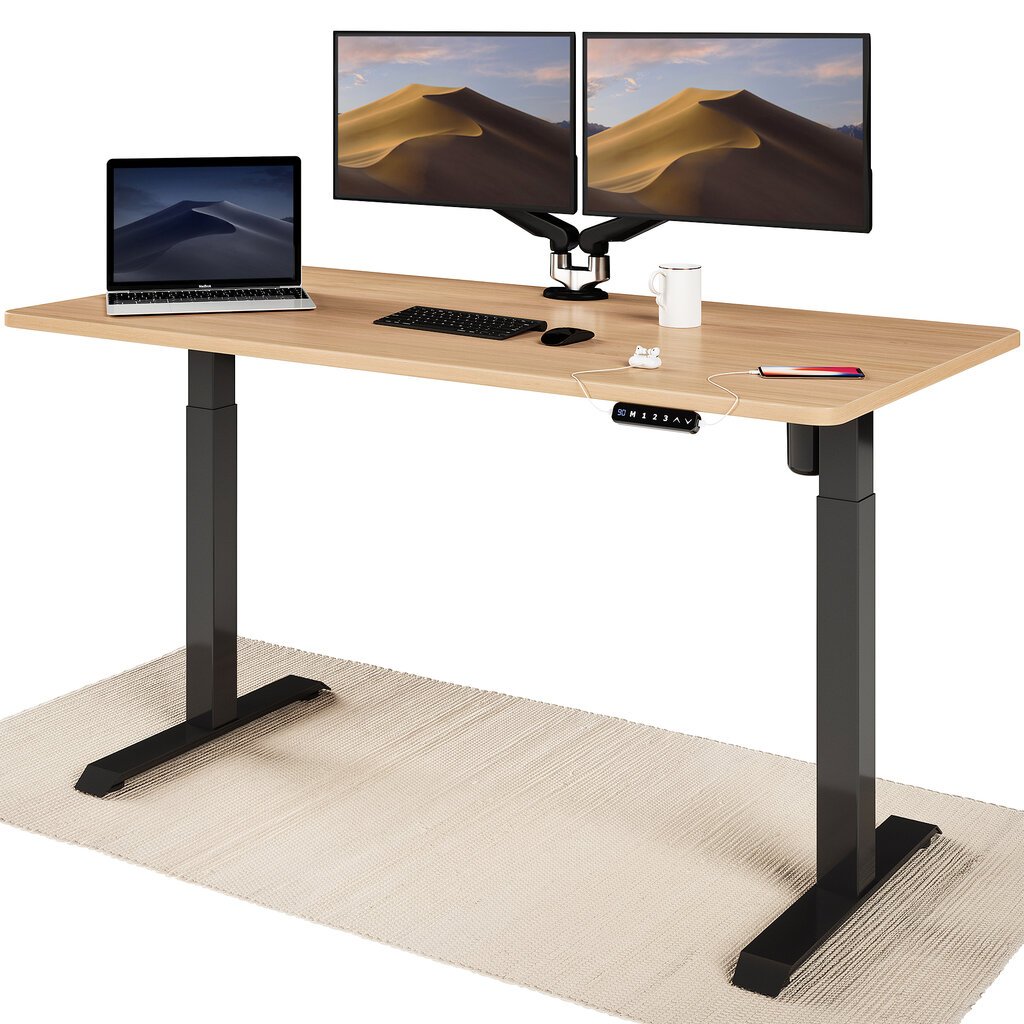 Elektrinis reguliuojamo aukščio stalas Desktronic su USB A ir C jungtimis, Juodos kojos, Ąžuolo stalviršis 160x80cm kaina ir informacija | Kompiuteriniai, rašomieji stalai | pigu.lt