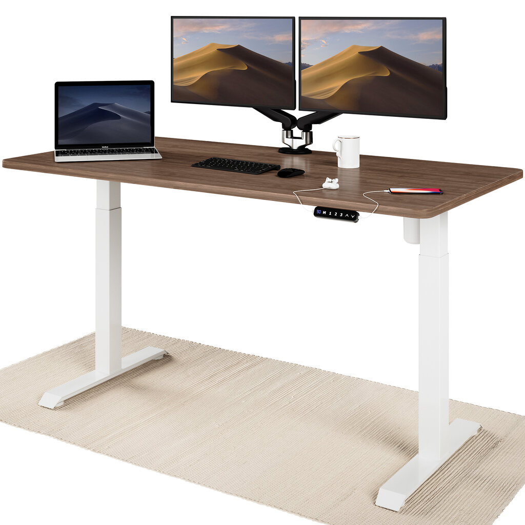 Elektrinis reguliuojamo aukščio stalas Desktronic su USB A ir C jungtimis, Baltos kojos, Riešuto stalviršis 160x80cm цена и информация | Kompiuteriniai, rašomieji stalai | pigu.lt